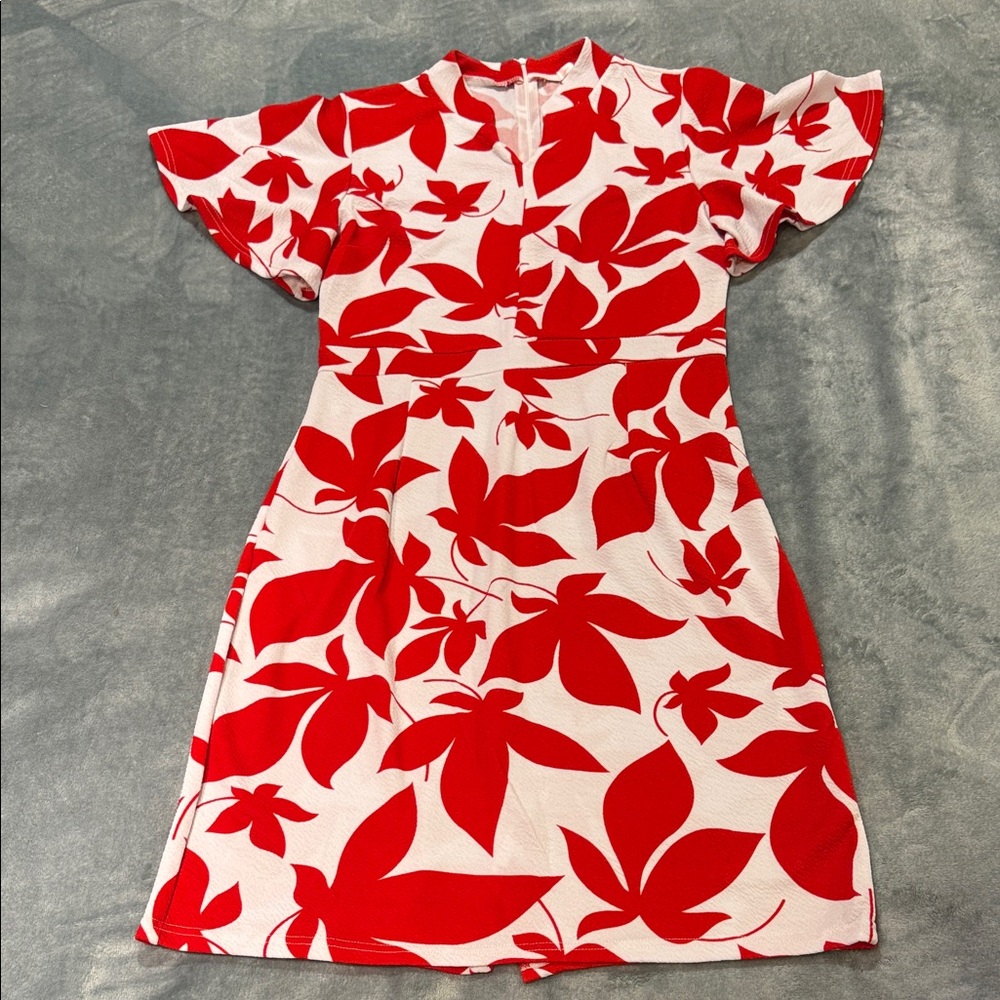 LAC BLEU Red Floral Midi Dress, Flutter Sleeves & Mandarin Collar, size 1X
